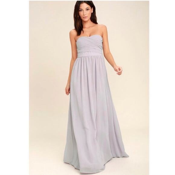 Lulu's Moonlight Serenade Gray Strapless Maxi Chiffon Dress Size M Formal - Picture 1 of 13